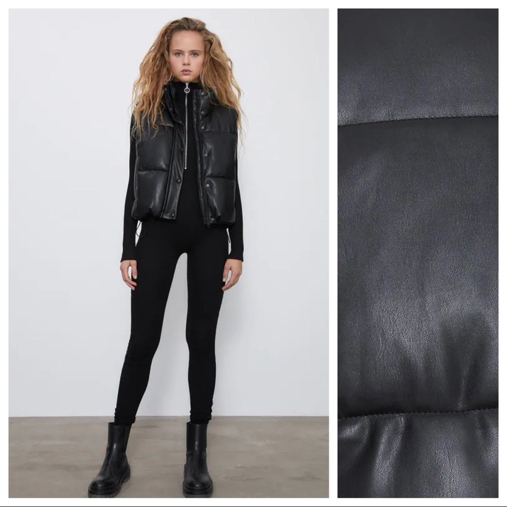 Zara Black Faux Leather Puffer Gilet. Size L. EUC